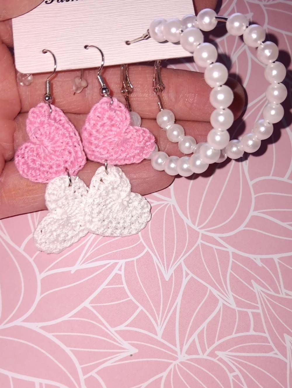 Handmade Feminine Heart Crochet Earrings with Pearl Hoop Set - Pink & White New!